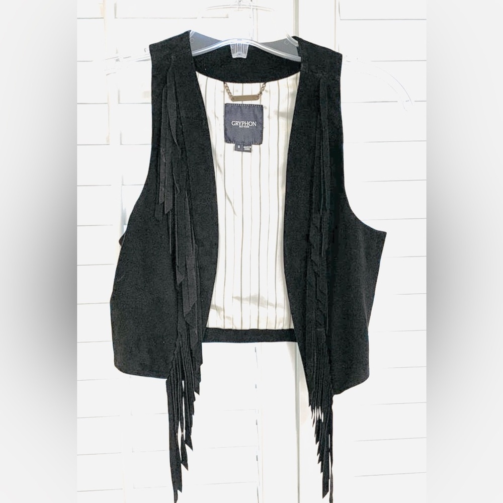 Gryphon New York Black Fringe Suede Vest Western Boho S RARE Like New!